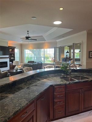 Fireplace, Interior, Kitchen, Living room, Recessed Lighting