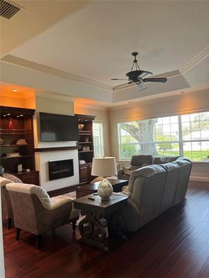Fireplace, Interior, Living room, Recessed Lighting, Wood Texture Flooring