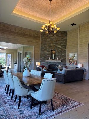 Chandelier, Dining room, Fireplace, Interior, Living room, Stone Walls, Wooden Ceilings, Wood Texture Flooring, Wooden Walls