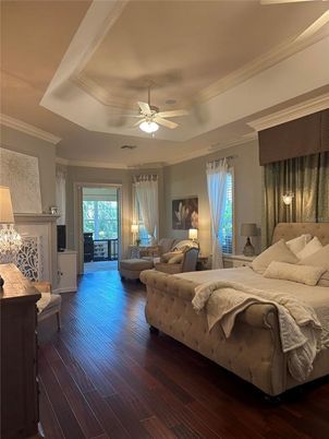 Bedroom, Fireplace, Interior, Wood Texture Flooring