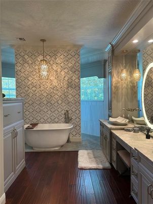 Bathroom, Dual Sink Vanities, Free Standing Baths, Interior, Pendant Lights, Wood Texture Flooring