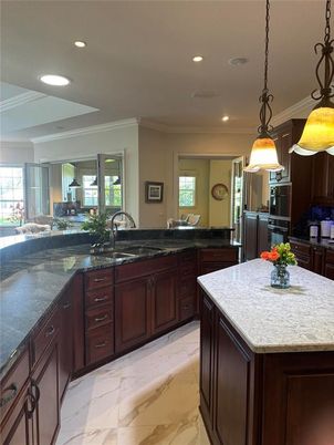 Interior, Kitchen, Marble, Pendant Lights, Recessed Lighting, Stainless Steel Appliances