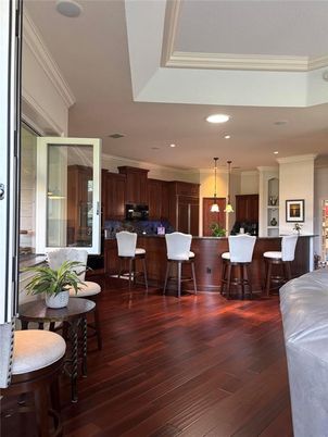 Dining room, Interior, Kitchen, Pendant Lights, Recessed Lighting, Wood Texture Flooring