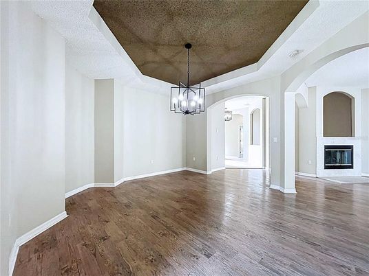 Chandelier, Empty room, Fireplace, Interior, Pendant Lights, Wood Texture Flooring