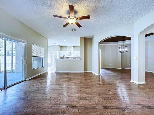 Empty room, Interior, Kitchen, Pendant Lights, Wood Texture Flooring