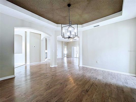 Chandelier, Empty room, Interior, Pendant Lights, Wood Texture Flooring