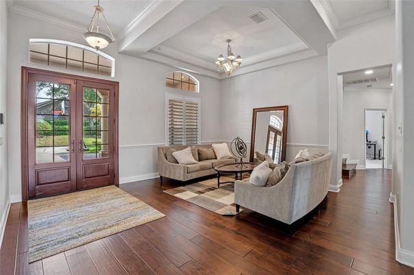 Chandelier, Interior, Living room, Pendant Lights, Recessed Lighting, Wood Texture Flooring