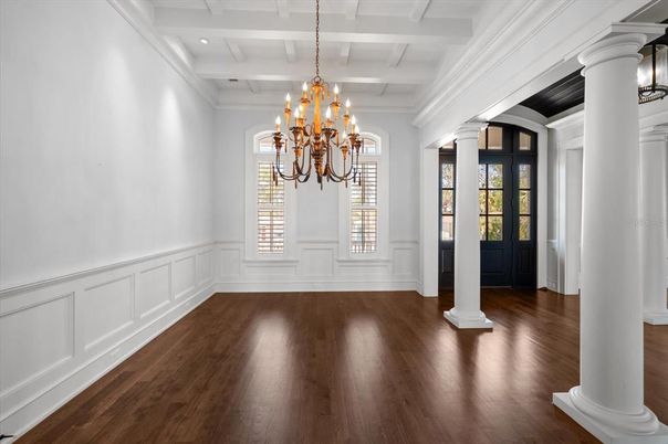 Chandelier, Empty room, Interior, Recessed Lighting, Wood Texture Flooring