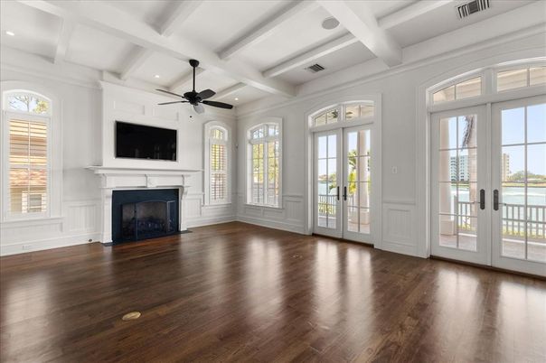 Empty room, Fireplace, Interior, Recessed Lighting, Wood Texture Flooring