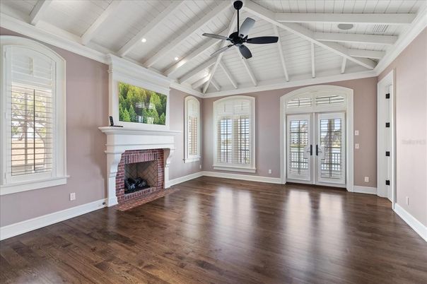 Empty room, Fireplace, Interior, Recessed Lighting, Wood Texture Flooring