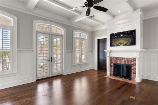 Empty room, Fireplace, Interior, Recessed Lighting, Wood Texture Flooring