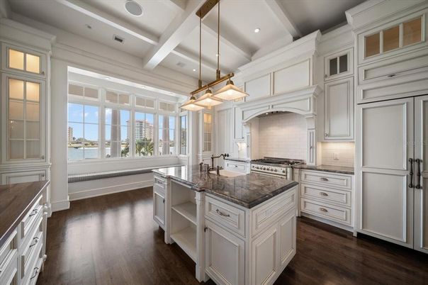 Interior, Kitchen, Pendant Lights, Recessed Lighting, Stainless Steel Appliances, Water, Wood Texture Flooring
