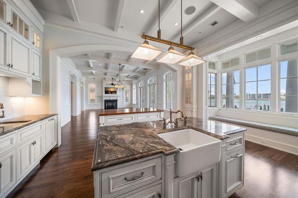 Fireplace, Interior, Kitchen, Pendant Lights, Recessed Lighting, Water, Wood Texture Flooring