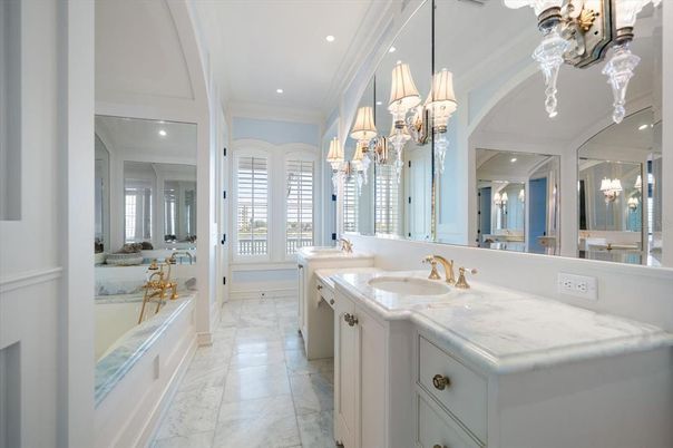 Bathroom, Chandelier, Dual Sink Vanities, Interior, Marble, Recessed Lighting