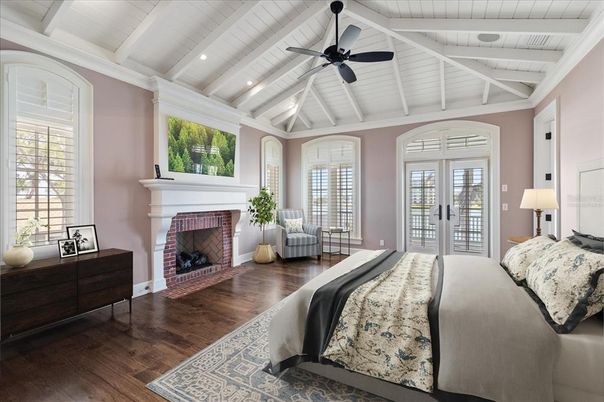 Bedroom, Fireplace, Interior, Recessed Lighting, Wood Texture Flooring