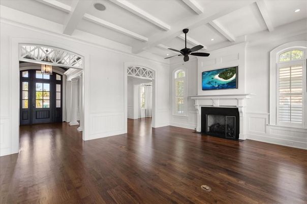 Empty room, Fireplace, Interior, Recessed Lighting, Wood Texture Flooring