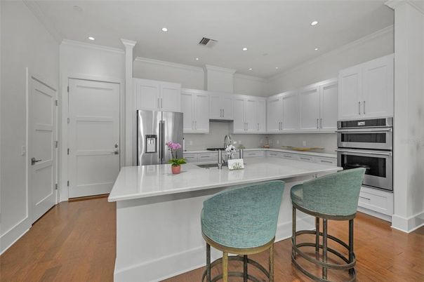Interior, Kitchen, Recessed Lighting, Stainless Steel Appliances, Wood Texture Flooring