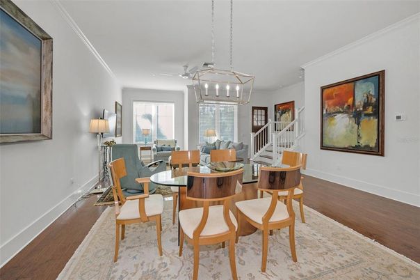 Dining room, Interior, Living room, Pendant Lights, Wood Texture Flooring