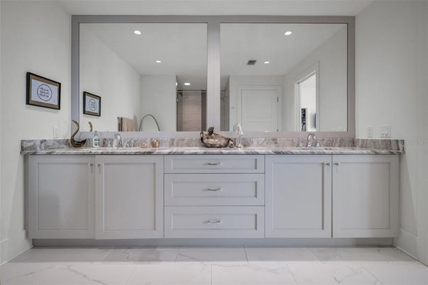 Bathroom, Dual Sink Vanities, Interior, Marble, Recessed Lighting