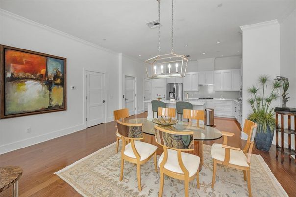 Dining room, Interior, Kitchen, Pendant Lights, Recessed Lighting, Stainless Steel Appliances, Wood Texture Flooring