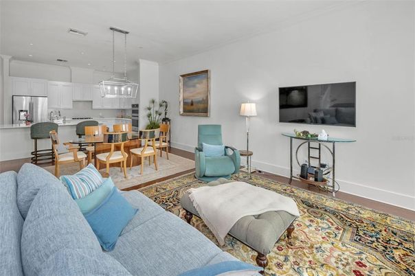 Dining room, Interior, Kitchen, Living room, Pendant Lights, Recessed Lighting, Stainless Steel Appliances, Wood Texture Flooring