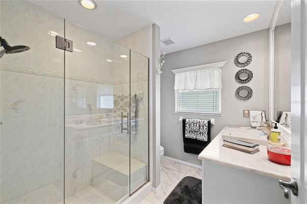 Bathroom, Glass Shower, Interior, Marble, Recessed Lighting
