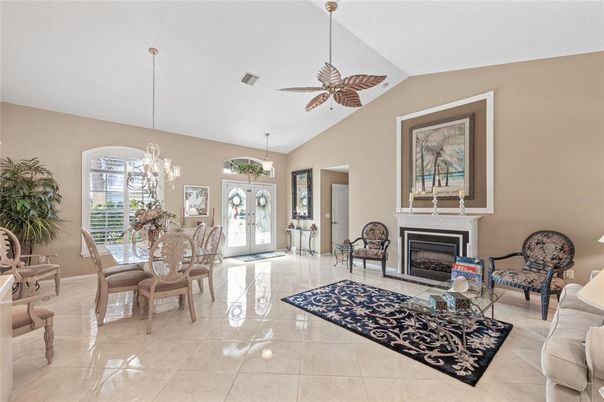 Dining room, Fireplace, Interior, Living room, Pendant Lights