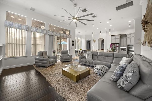 Dining room, Interior, Kitchen, Living room, Pendant Lights, Recessed Lighting, Stainless Steel Appliances, Wood Texture Flooring