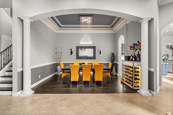 Dining room, Interior, Pendant Lights, Wood Texture Flooring