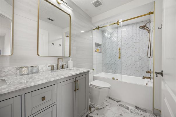 Bathroom, Dual Sink Vanities, Glass Shower, Interior, Marble
