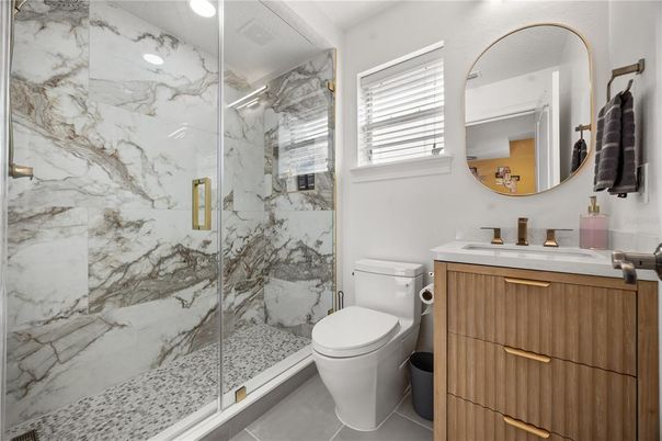 Bathroom, Glass Shower, Interior, Marble Walls, Recessed Lighting