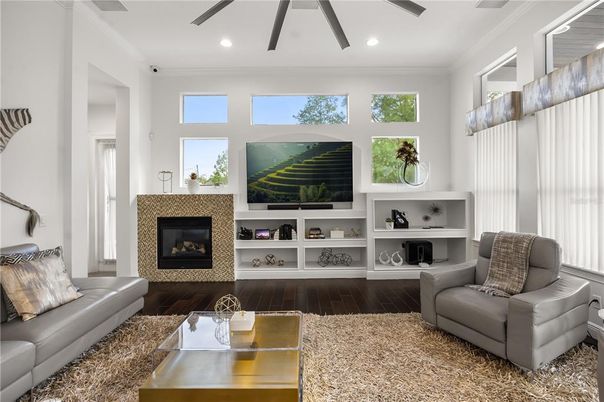 Fireplace, Interior, Living room, Recessed Lighting, Wood Texture Flooring