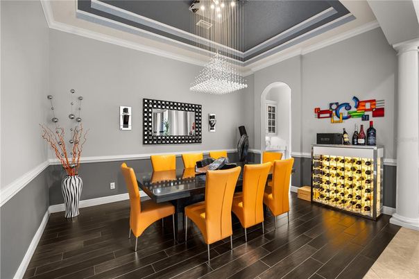 Chandelier, Dining room, Interior, Pendant Lights, Wood Texture Flooring