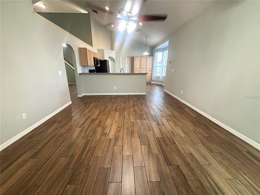 Empty room, Interior, Kitchen, Pendant Lights, Recessed Lighting, Wood Texture Flooring