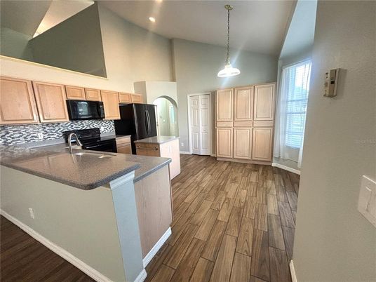 Interior, Kitchen, Pendant Lights, Recessed Lighting, Wood Texture Flooring