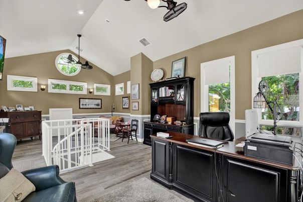 Home Office, Interior, Pendant Lights, Recessed Lighting, Wood Texture Flooring