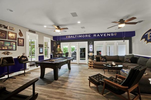 Billiard Table, Game Room, Interior, Living room, Recessed Lighting, Wood Texture Flooring