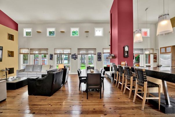 Dining room, Interior, Kitchen, Living room, Pendant Lights, Wood Texture Flooring