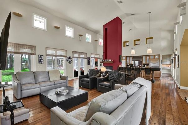 Dining room, Interior, Kitchen, Living room, Pendant Lights, Wood Texture Flooring