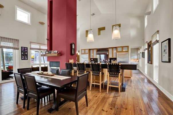 Dining room, Interior, Kitchen, Pendant Lights, Wood Texture Flooring