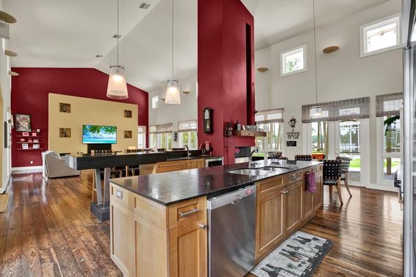 Interior, Kitchen, Pendant Lights, Wood Texture Flooring