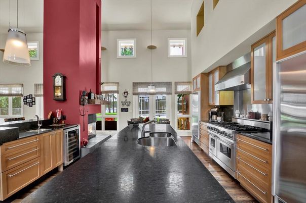 Interior, Kitchen, Pendant Lights, Stainless Steel Appliances, Wood Texture Flooring