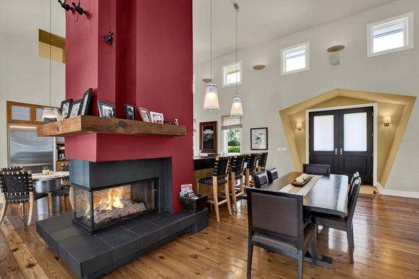 Dining room, Fireplace, Interior, Kitchen, Pendant Lights, Wood Texture Flooring
