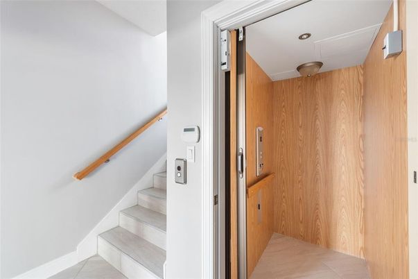 Elevator, Interior, Recessed Lighting, Wooden Walls