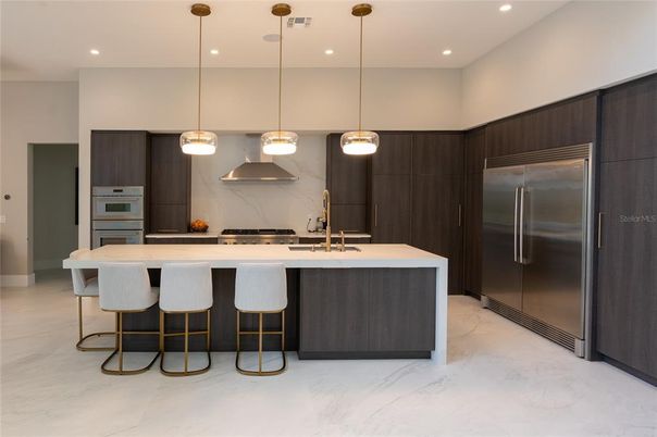 Interior, Kitchen, Marble, Pendant Lights, Recessed Lighting, Stainless Steel Appliances