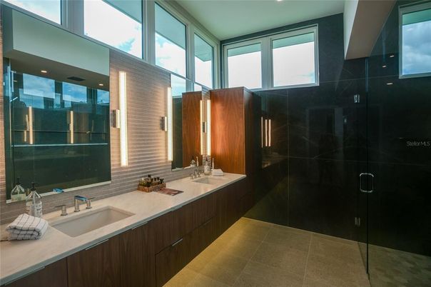 Bathroom, Dual Sink Vanities, Glass Shower, Interior, Recessed Lighting