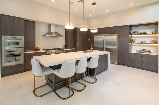 Interior, Kitchen, Marble, Pendant Lights, Recessed Lighting, Stainless Steel Appliances