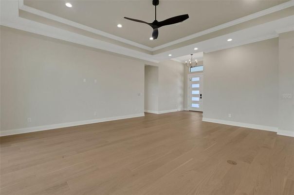 Chandelier, Empty room, Interior, Recessed Lighting, Wood Texture Flooring
