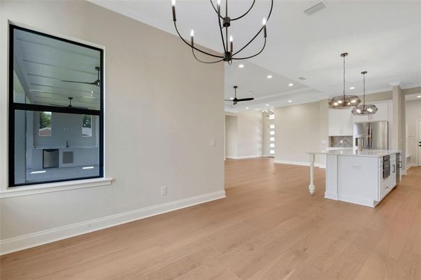 Chandelier, Interior, Kitchen, Pendant Lights, Recessed Lighting, Wood Texture Flooring