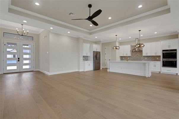 Chandelier, Interior, Kitchen, Pendant Lights, Recessed Lighting, Wood Texture Flooring